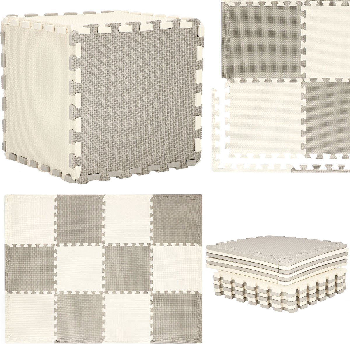 Springos Speelmat | Speelmat Foam | Puzzelmat | 9 puzzelstukken | 179 X 179 CM | Grijs/Creme